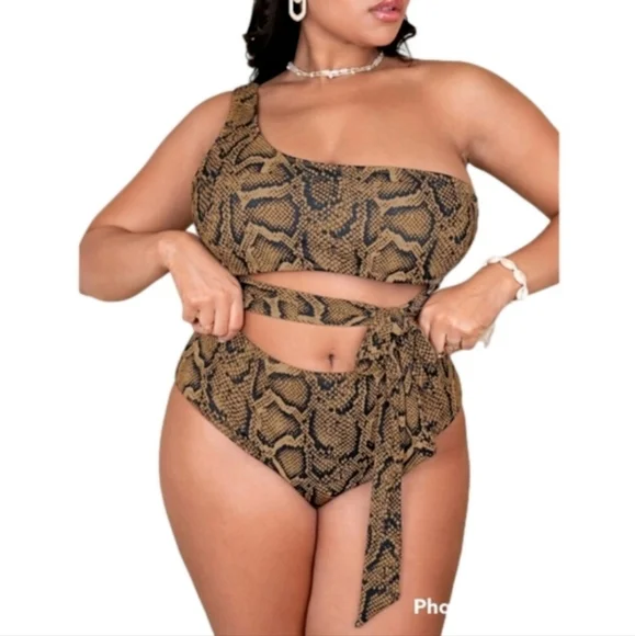 Snakeskin Print One Shoulder One Piece Swimsuit - Sz 1xl - Picture 3 of 9